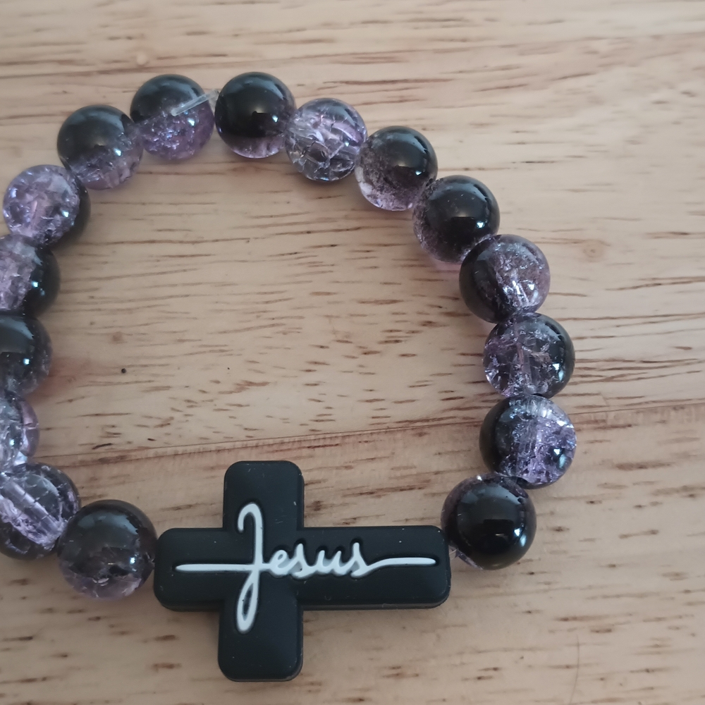 Purple and Black Beaded Bracelet with Cross